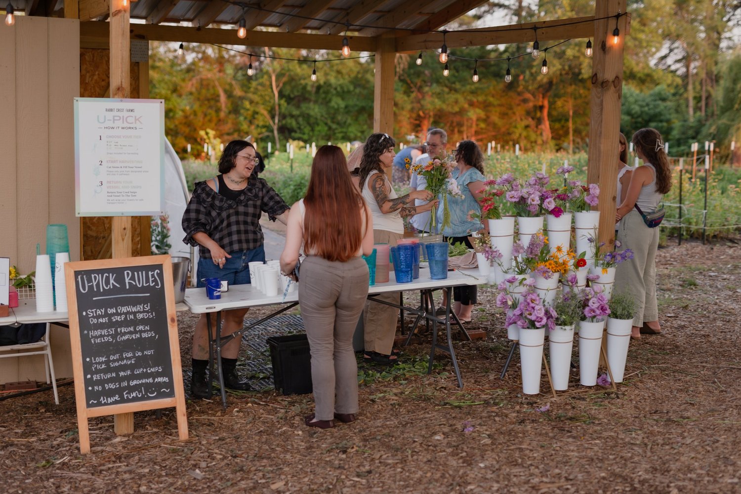 The Rabbit Crest Farms flower stand with jars of fresh bouquets